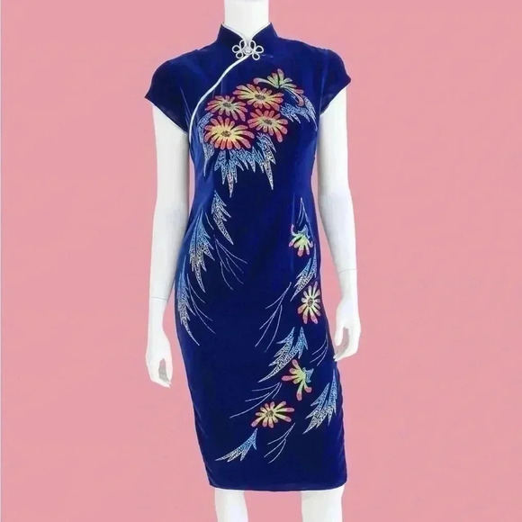 Vintage Electric Blue Floral Cheongsam Pencil Dress Size Small spring easter - Picture 1 of 6
